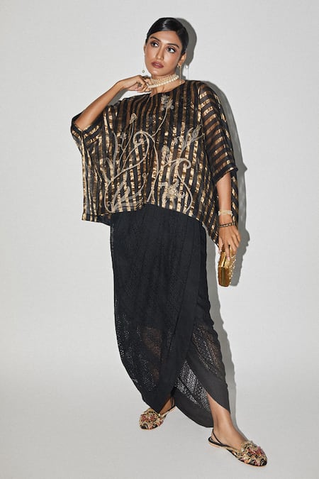 Kritika Murarka_Black Organza, Tissue Embroidery Round Neck Stripe Woven Kaftan Top _Online_at_Aza_Fashions