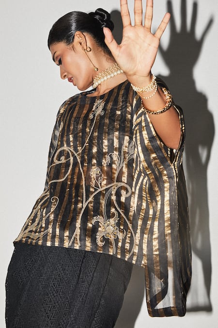 Buy_Kritika Murarka_Black Organza, Tissue Embroidery Round Neck Stripe Woven Kaftan Top _Online_at_Aza_Fashions