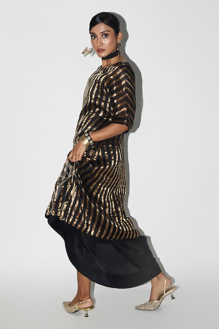 Shop Kritika Murarka Black Organza Tissue Woven Stripe Round Tunic at Aza Fashions Shop_Kritika Murarka_Black Organza Tissue Woven Stripe Round Tunic _at_Aza_Fashions