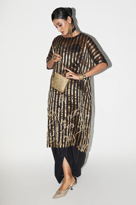 Kritika Murarka Black Organza Tissue Woven Stripe Round Tunic Online at Aza Fashions Kritika Murarka_Black Organza Tissue Woven Stripe Round Tunic _Online_at_Aza_Fashions