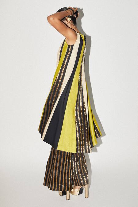 Shop Kritika Murarka Yellow Organza Woven Stripe Round Colorblock Tunic at Aza Fashions Shop_Kritika Murarka_Yellow Organza Woven Stripe Round Colorblock Tunic _at_Aza_Fashions