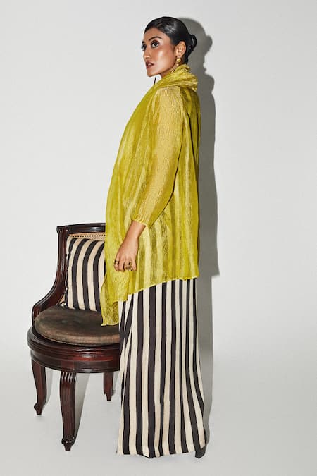 Shop_Kritika Murarka_Yellow Crepe Shawl Neck Collar Throw On Jacket _at_Aza_Fashions