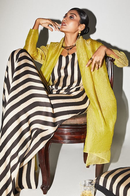 Kritika Murarka_Yellow Crepe Shawl Neck Collar Throw On Jacket _Online_at_Aza_Fashions