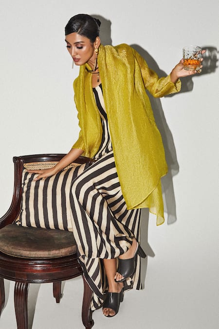 Kritika Murarka_Black Modal, Satin Round Neck Stripe Print Dress _Online_at_Aza_Fashions