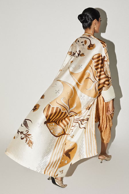Shop_Kritika Murarka_Orange Silk Floral Print Cape _at_Aza_Fashions