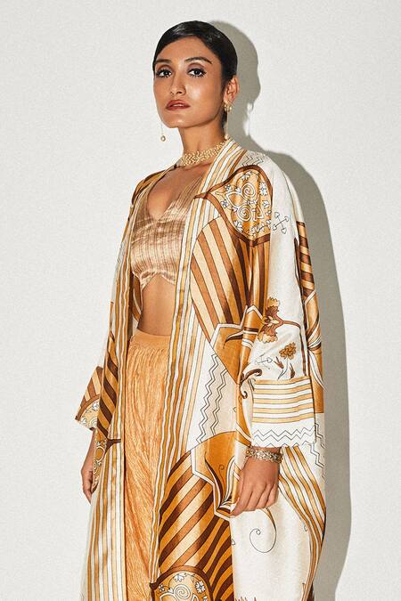 Kritika Murarka_Orange Silk Floral Print Cape _Online_at_Aza_Fashions