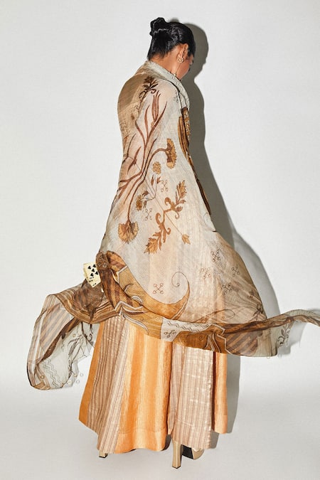 Buy_Kritika Murarka_Orange Silk Floral Print Cape _Online_at_Aza_Fashions