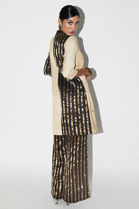 Shop Kritika Murarka Black Taffeta, Organza Stripe Woven Straight Legged Pant at Aza Fashions Shop_Kritika Murarka_Black Taffeta, Organza Stripe Woven Straight Legged Pant _at_Aza_Fashions