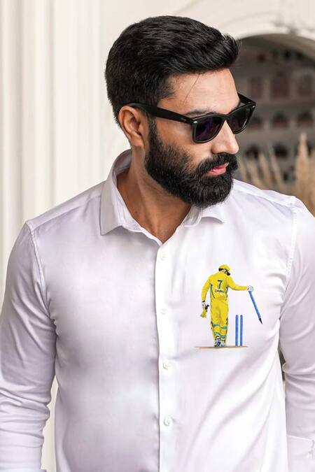 Avalipt_White Cotton Blend Ms Dhoni Hand Paint Shirt_Online_at_Aza_Fashions