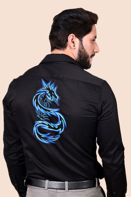 Shop_Avalipt_Black Cotton Blend Lit Dragon Hand Paint Shirt_Online_at_Aza_Fashions