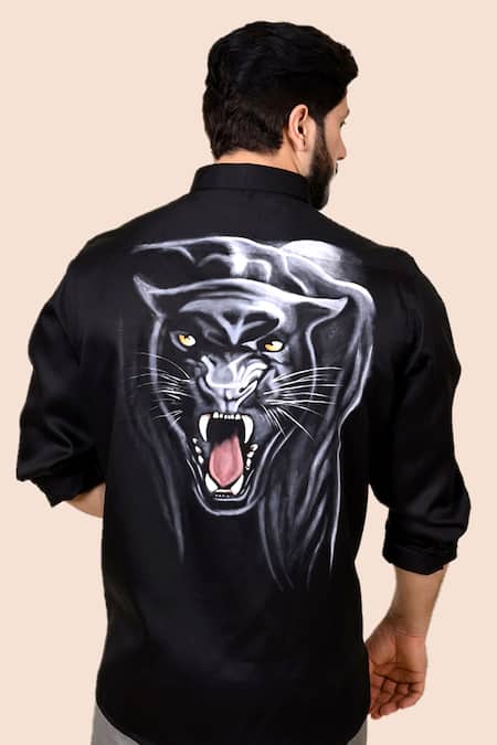 Avalipt_Black Cotton Blend Jaguar Hand Paint Fierce Shirt_Online_at_Aza_Fashions
