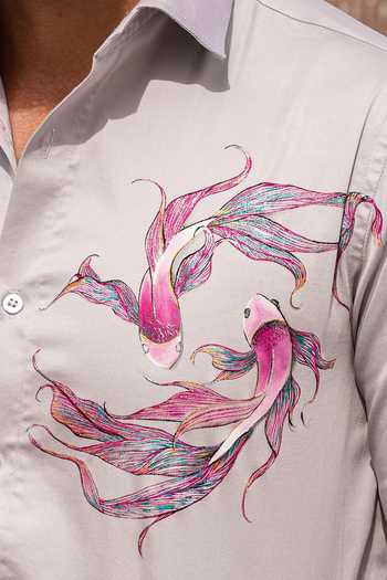 Buy_Avalipt_Grey Cotton Blend Koi Hand Paint Shirt_Online_at_Aza_Fashions