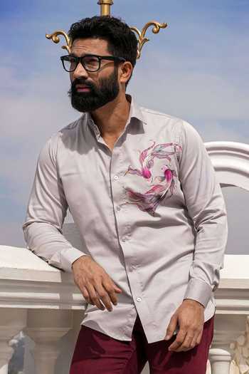 Shop_Avalipt_Grey Cotton Blend Koi Hand Paint Shirt_Online_at_Aza_Fashions
