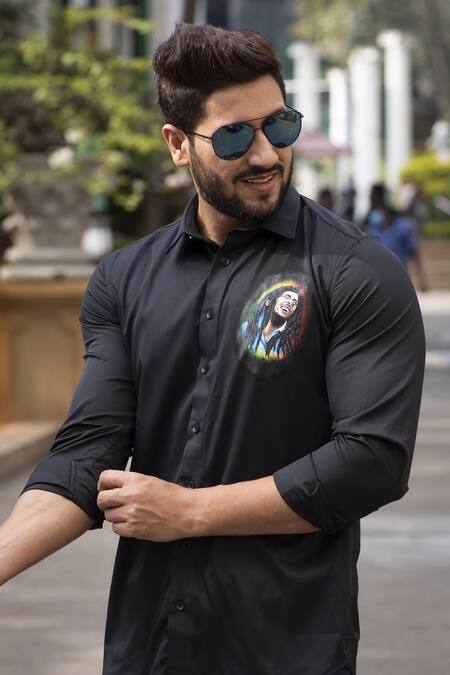 Avalipt_Black Cotton Blend Hand Painted Marley Shirt_Online_at_Aza_Fashions