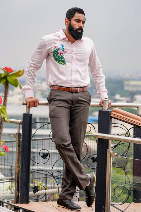 Avalipt_Peach Cotton Blend Hand Painted Mayur Motif Button Down Shirt_Online_at_Aza_Fashions