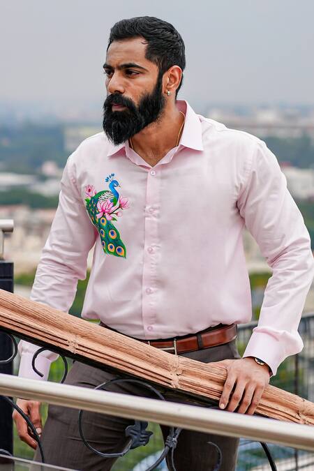 Buy_Avalipt_Peach Cotton Blend Hand Painted Mayur Motif Button Down Shirt_Online_at_Aza_Fashions