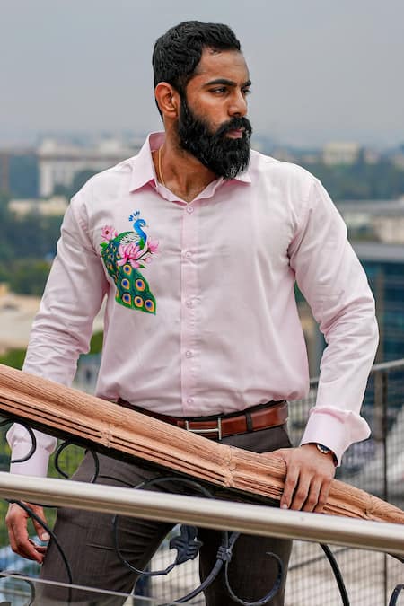 Shop_Avalipt_Peach Cotton Blend Hand Painted Mayur Motif Button Down Shirt_Online_at_Aza_Fashions