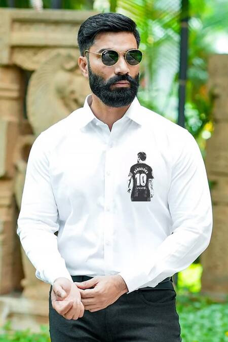 Avalipt_White Cotton Blend Hand Painted Messi Shirt_Online_at_Aza_Fashions