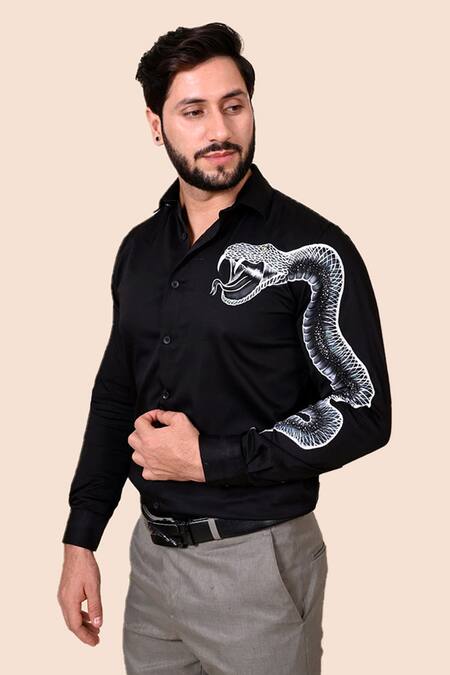 Buy_Avalipt_Black Cotton Blend Hand Painted Serpent Shirt_Online_at_Aza_Fashions