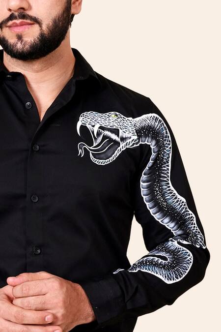 Avalipt_Black Cotton Blend Hand Painted Serpent Shirt_at_Aza_Fashions