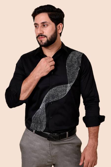 Avalipt_Black Cotton Blend Hand Painted Wave Motif Button Down Shirt_Online_at_Aza_Fashions