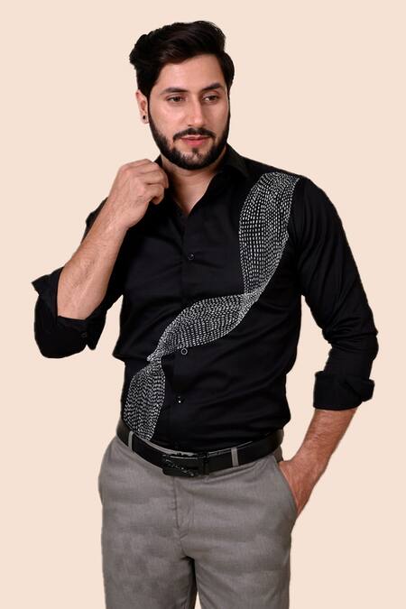 Shop_Avalipt_Black Cotton Blend Hand Painted Wave Motif Button Down Shirt_Online_at_Aza_Fashions