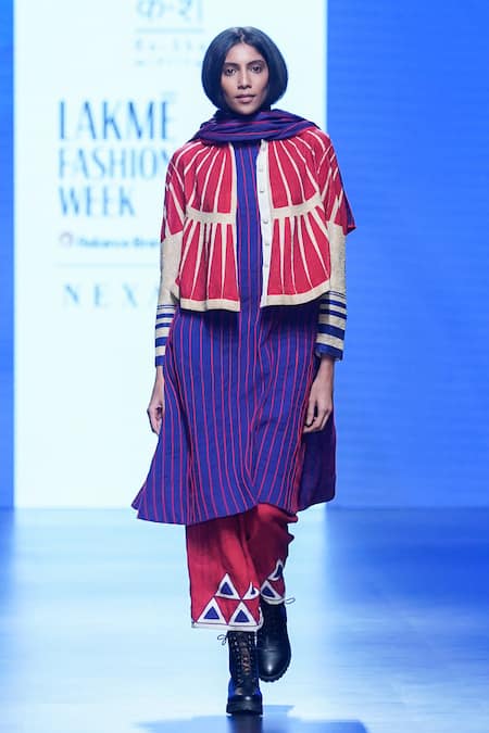 KA-Sha_Blue Kala Cotton Applique Embroidered Cords Tunic _Online_at_Aza_Fashions