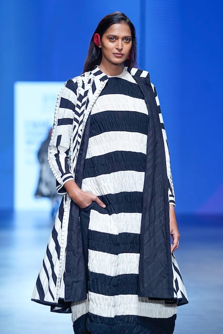 KA-Sha_Black Kala Cotton Striped Round Pattern Ruched Tunic _Online_at_Aza_Fashions