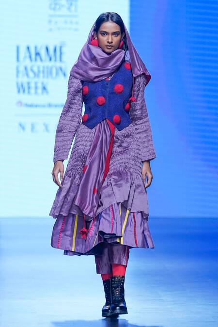 KA-Sha_Purple Chanderi Plain Round Ruched Tunic _Online_at_Aza_Fashions