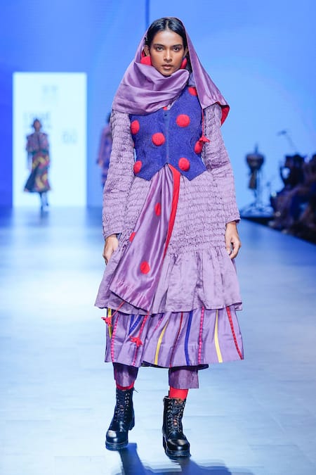 Buy_KA-Sha_Purple Chanderi Plain Round Ruched Tunic _Online_at_Aza_Fashions