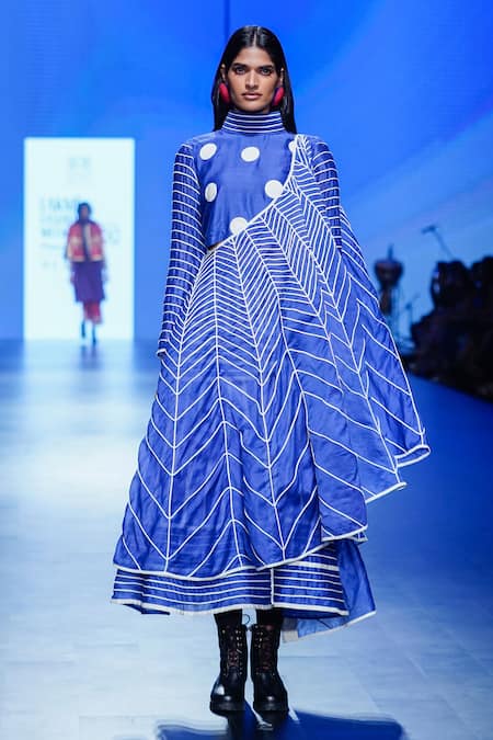 Buy_KA-Sha_Blue Chanderi Applique High Neck Polka Dot Work Crop Top _Online_at_Aza_Fashions