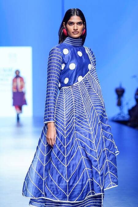 Shop_KA-Sha_Blue Chanderi Applique High Neck Polka Dot Work Crop Top _Online_at_Aza_Fashions