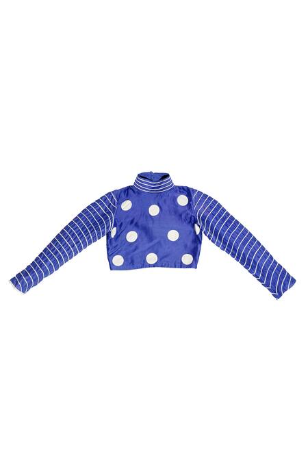 KA-Sha_Blue Chanderi Applique High Neck Polka Dot Work Crop Top _at_Aza_Fashions