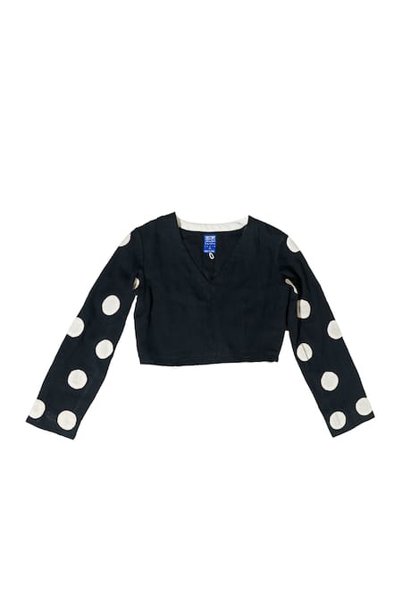 Shop KA-Sha Black Cotton Applique Round Neck Polka Dot Crop Top Online at Aza Fashions Shop_KA-Sha_Black Cotton Applique Round Neck Polka Dot Crop Top _Online_at_Aza_Fashions