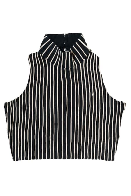 KA-Sha_Black Cotton High Neck Cord Applique Sleeveless Top _at_Aza_Fashions