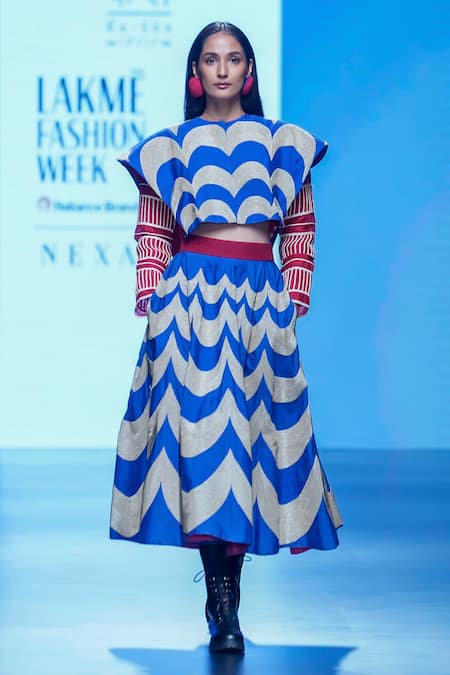 KA-Sha_Red Chanderi V-neck Corded Striped Sleeve Crop Top _Online_at_Aza_Fashions