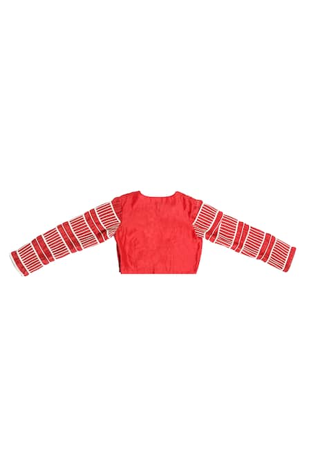 KA-Sha_Red Chanderi V-neck Corded Striped Sleeve Crop Top _at_Aza_Fashions