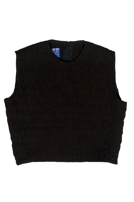 KA-Sha_Black Silk Round Neck Ruched Crop Top _Online_at_Aza_Fashions