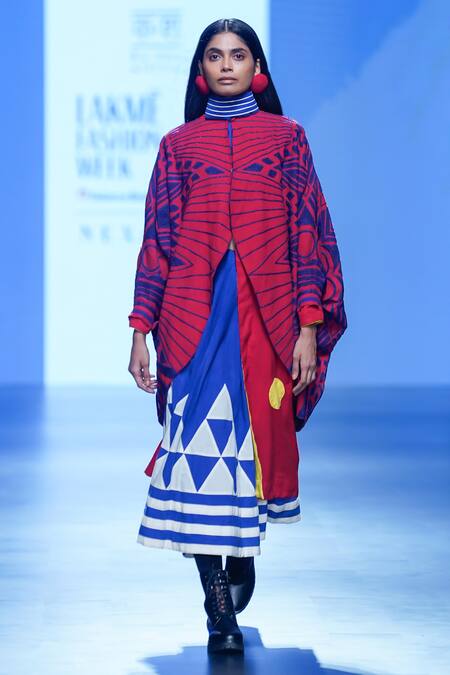 KA-Sha_Blue Kala Cotton Geometric Pattern Midi Skirt _Online_at_Aza_Fashions