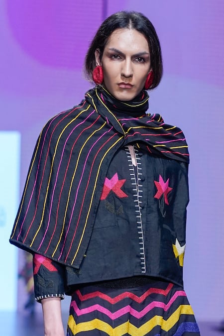 KA-Sha_Black Corded Striped Asymmetric Cape _Online_at_Aza_Fashions