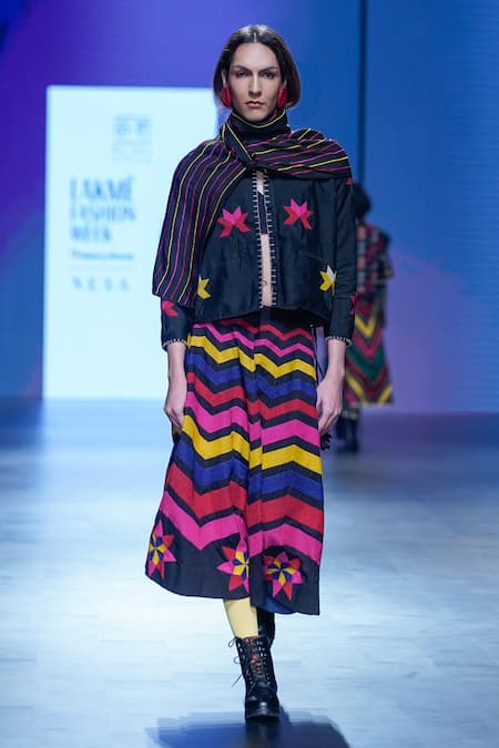 Buy_KA-Sha_Black Corded Striped Asymmetric Cape _Online_at_Aza_Fashions