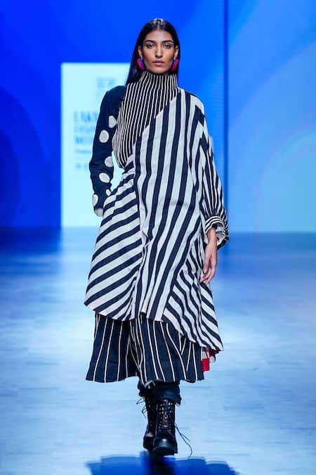 KA-Sha_Black Kota Doria Applique Ray Stripe Corded Skirt _Online_at_Aza_Fashions