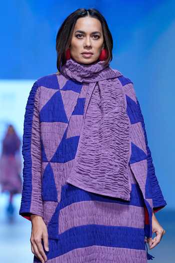 KA-Sha_Blue Cotton Round Neck Ruched Textured Sleeveless Jacket _Online_at_Aza_Fashions