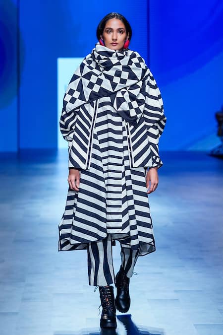 KA-Sha_Black Cotton Embroidery Round Neck Striped Applique Overlay Shirt _Online_at_Aza_Fashions