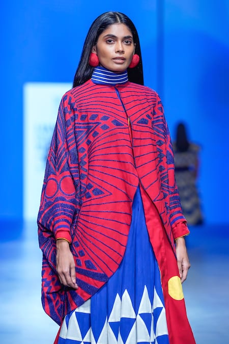 Ka-Sha Red Kala Cotton Embroidered Bead Round Jacket 