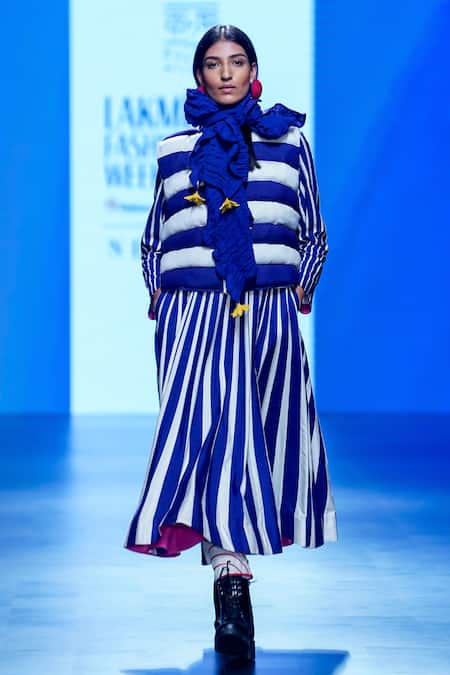 KA-Sha_Blue Silk High Neck Striped Puffer Jacket _Online_at_Aza_Fashions