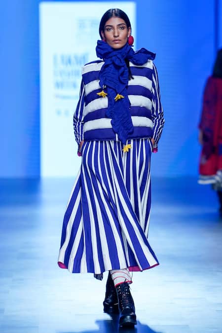 Buy_KA-Sha_Blue Silk High Neck Striped Puffer Jacket _Online_at_Aza_Fashions