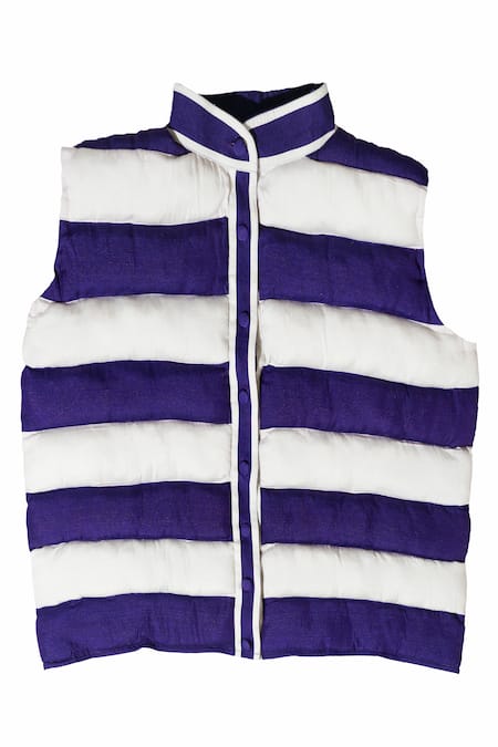 Shop_KA-Sha_Blue Silk High Neck Striped Puffer Jacket _Online_at_Aza_Fashions