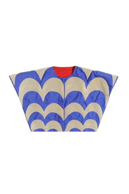 KA-Sha_Blue Silk Embroidered Round Hand Cape _at_Aza_Fashions