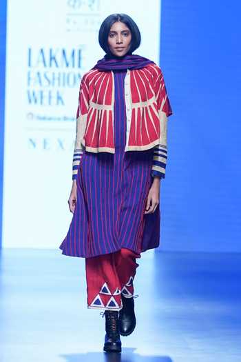 KA-Sha_Red Cotton Embroidered Bead Round Silk Geometric Pattern Jacket _Online_at_Aza_Fashions